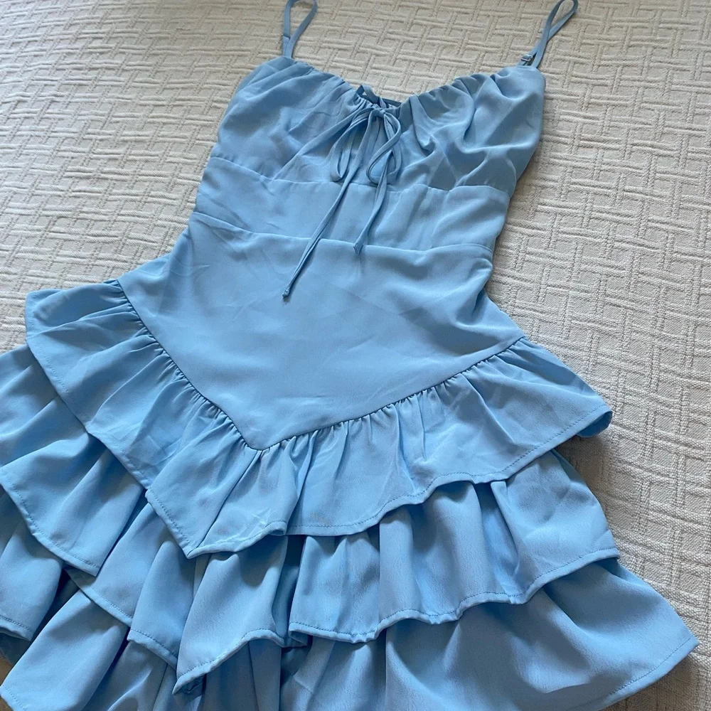 F21 baby blue mini ruffle dress. - Picture 3 of 9
